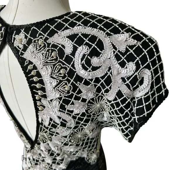 Vintage 80s Beaded Sequined Party Cocktail Mini Dress Carina Black White M Glam